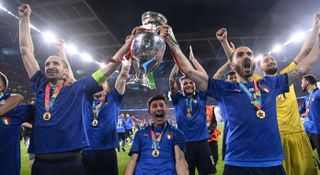 Italy’s Giorgio Chiellini and Leonardo Bonucci are recognised after winning Euro 2020