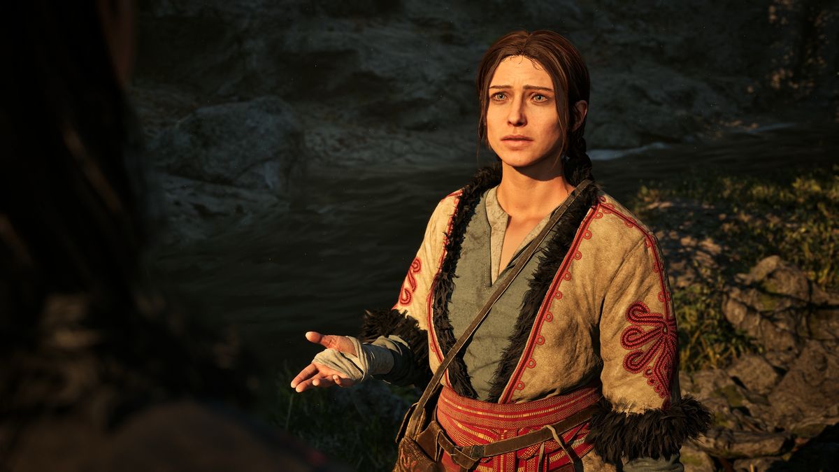 The Blood of Dawnwalker gameplay, showing a woman in white robes and a herbalist's pouch speaking