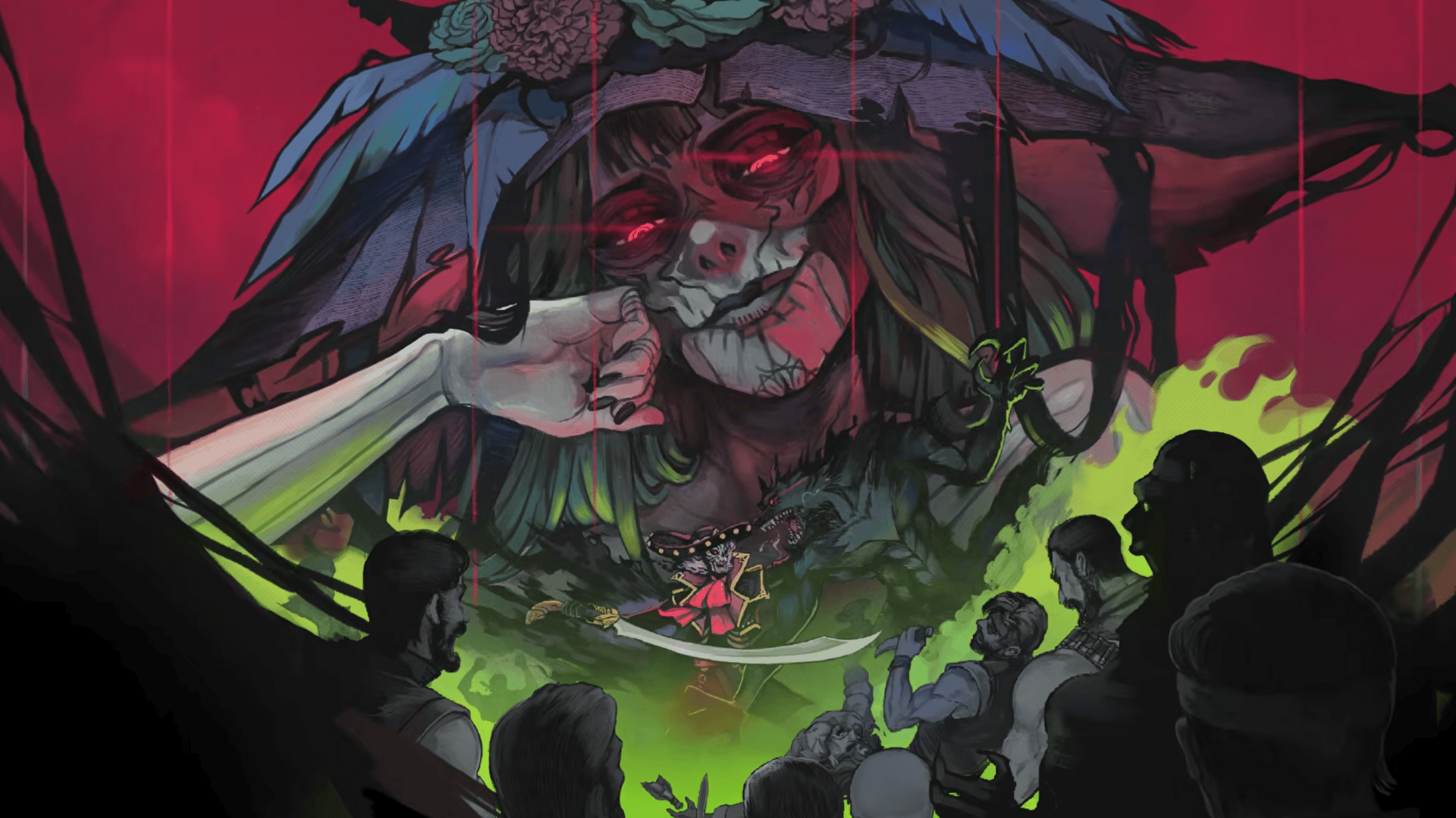 A giant red-eyed woman looks down on her terrified subjects