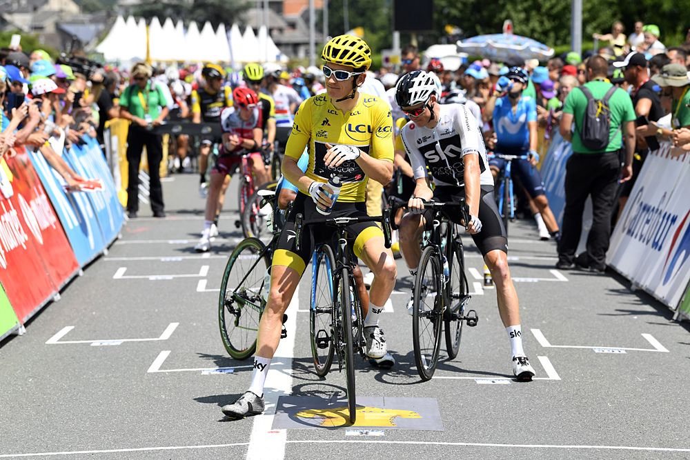 Yellow jersey Geraint Thomas (Team Sky) lines up on the start grid for a short stage 17 at the Tour de France