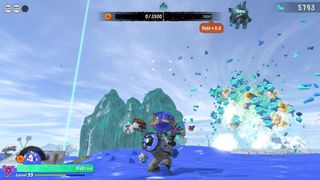 A screenshot from Splatoon Raiders showing The Mechanic looking on while the Exploration Bot drills into a crystal for treasure