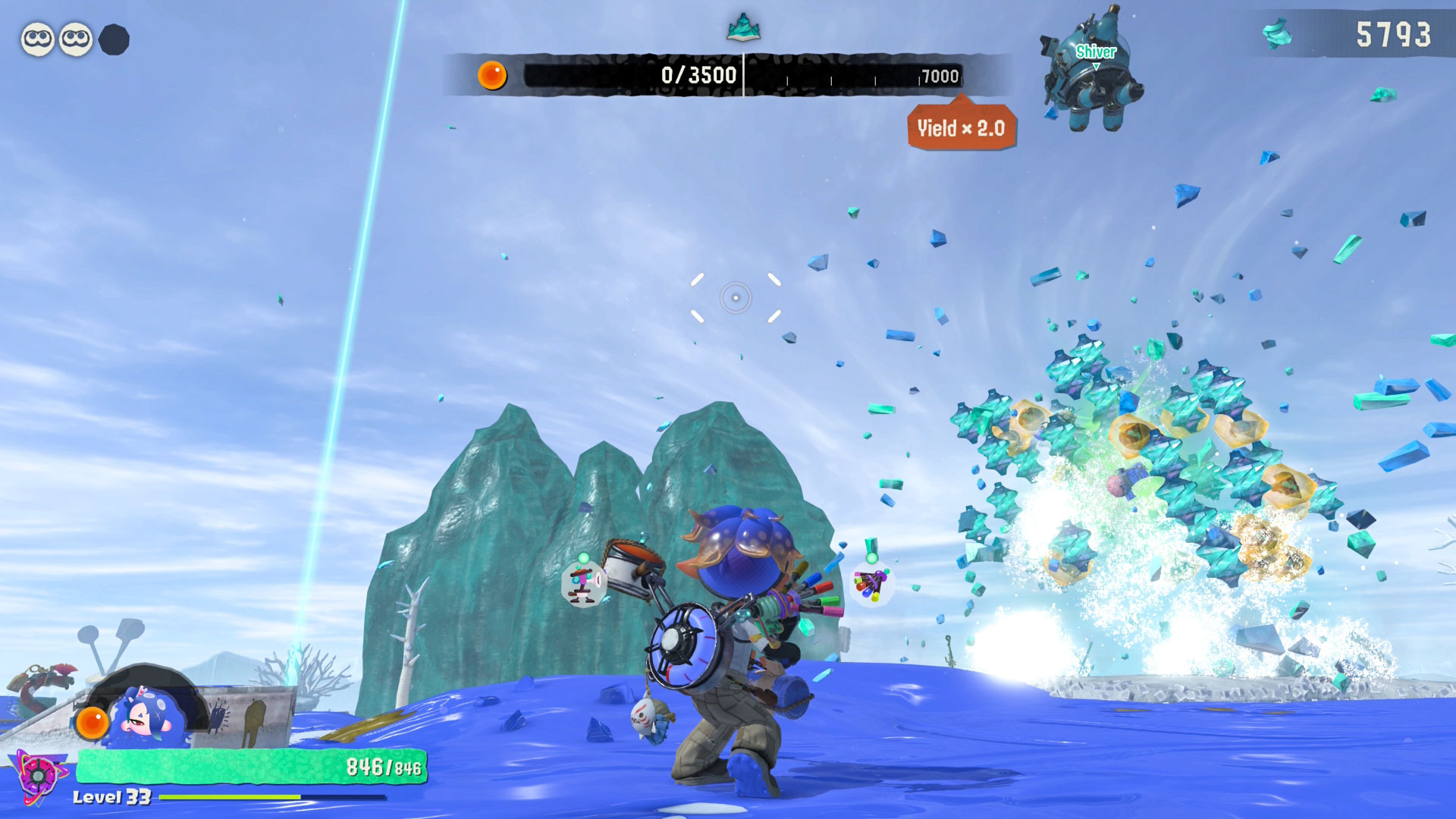 A screenshot from Splatoon Raiders showing The Mechanic looking on while the Exploration Bot drills into a crystal for treasure