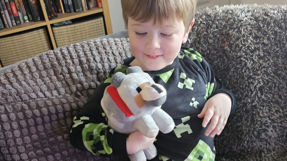 Boy holds wolf plush based on Minecraft the game