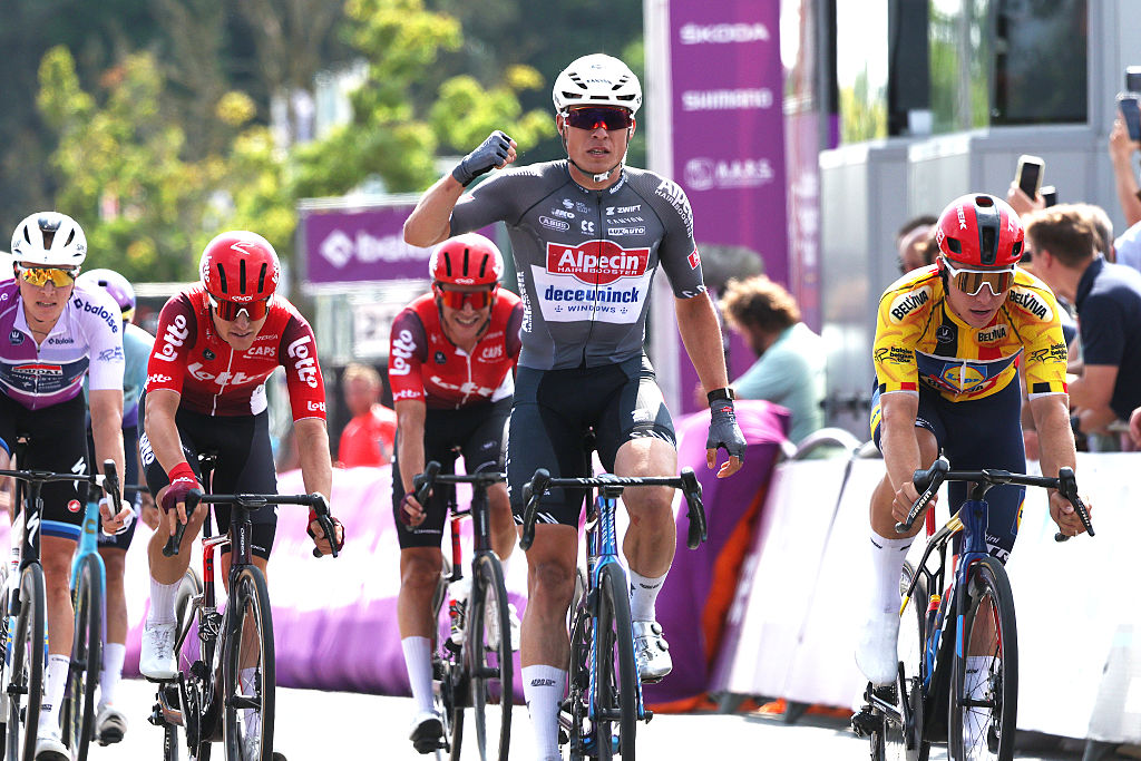 PUTTE, BELGIUM - JUNE 19: Jasper Philipsen of Belgium and Team Alpecin - Deceuninck celebrates at finish line as stage winner during the 94th Baloise Belgium Tour 2025, Stage 2 a 194.4km stage from Beringen to Putte on June 19, 2025 in Putte, Belgium. (Photo by Rhode Van Elsen/Getty Images)