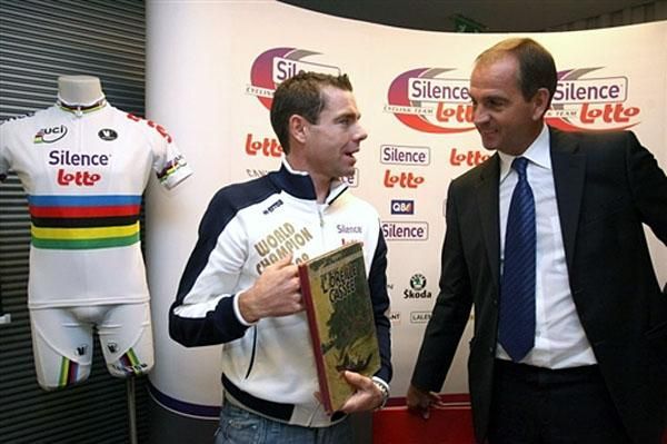 Evans and Silence-Lotto manager Marc Sergeant at Omega Pharma's headquarters.