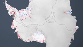 a white map of antarctica, with red and blue areas to hightlight topographical changes and ice loss