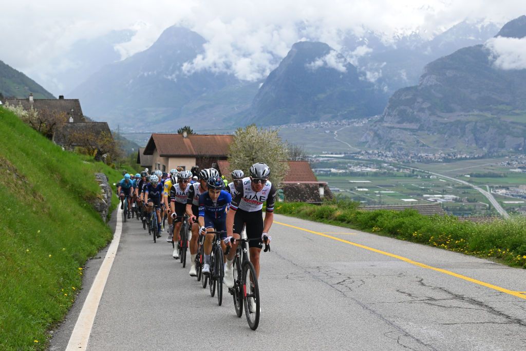 VALAIS THYON 2000 SWITZERLAND APRIL 29 LR Lenny Martinez of France and Team GroupamaFDJ and Domen Novak of Slovenia and UAE Team Emirates lead the peloton climbing to Thyon 2000 2090m during the 6th Tour De Romandie 2023 Stage 4 a 1616km stage from Sion to Valais Thyon 2000 2090m UCIWT on April 29 2023 in Sion Switzerland Photo by Dario BelingheriGetty Images