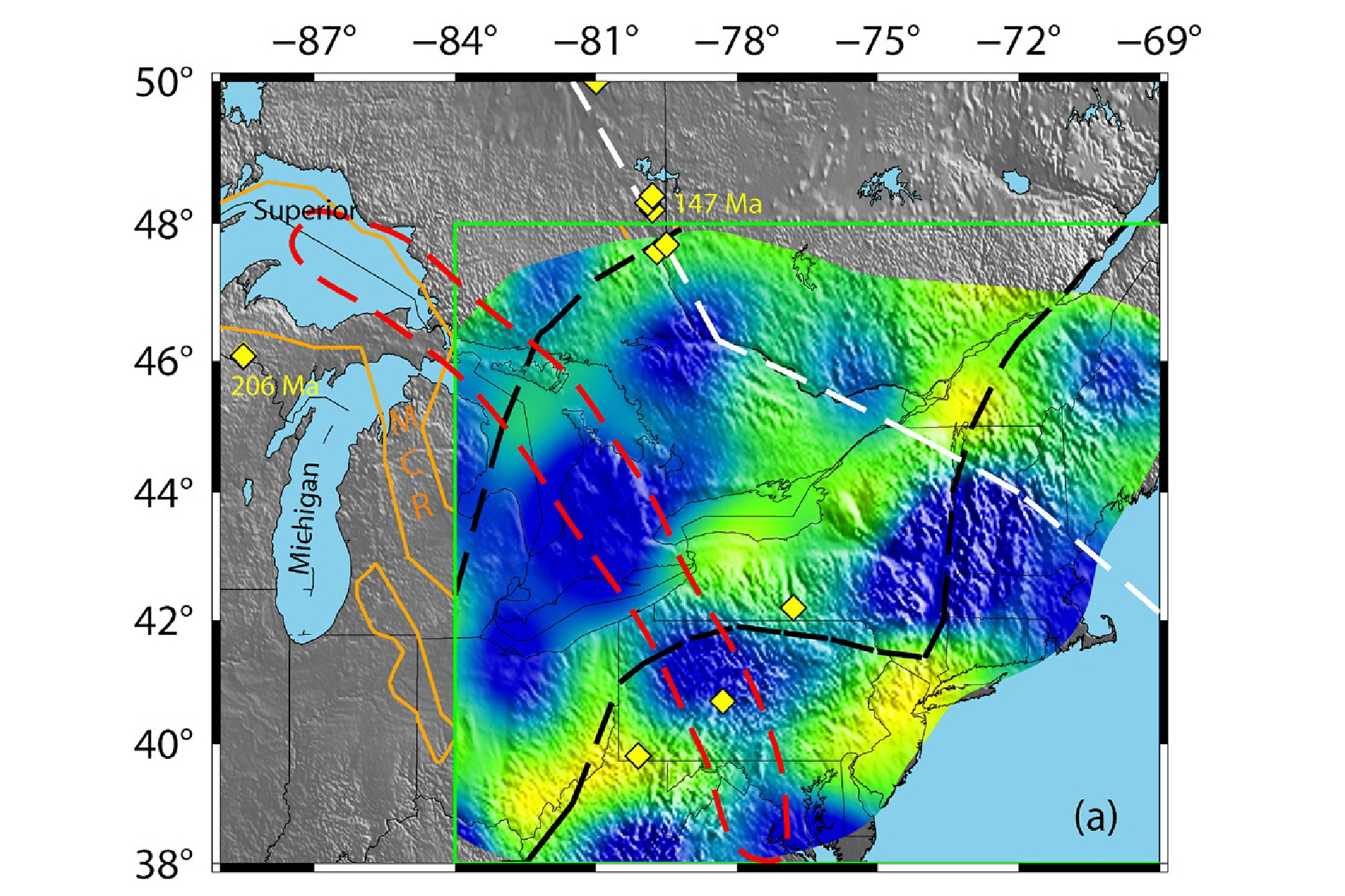 A diagram showing the movement of the hotspot over time superimposed across a map of North America.