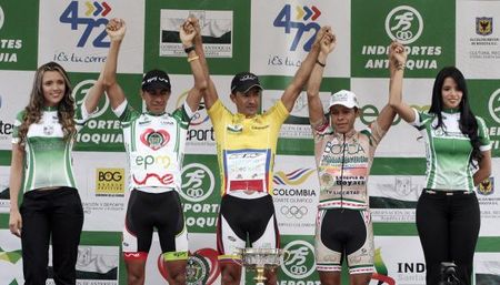 The final podium; Giovanni Manuel Baez (EPM-UNE), Felix Cardenas (GW Shimano), and Freddy Emir Monta&ntilde;a (Boyaca Orgullo De America Loteria De Boyaca)