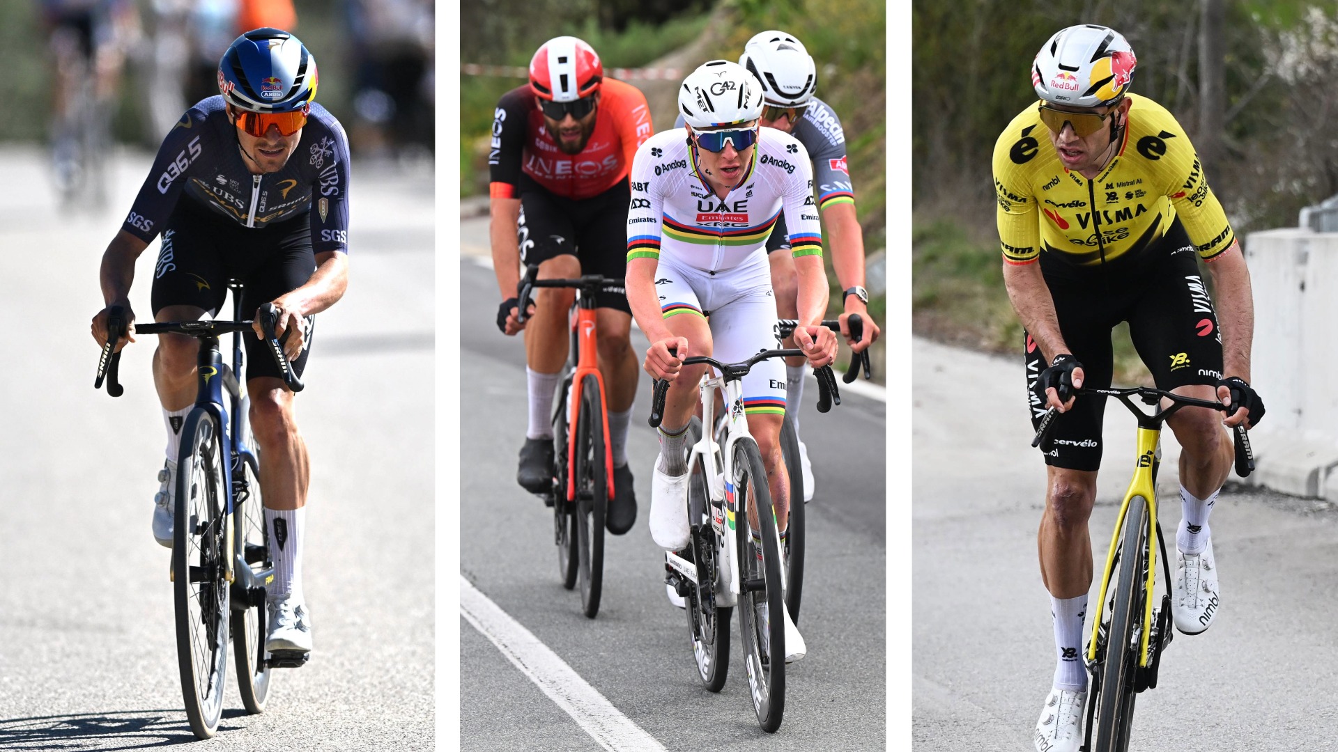 A split image showing Tom Pidcock on the left, a trio in the middle of Tadej Pogačar, Filippo Ganna, and Mathieu van der Poel, and on the right Wout van Aert. 