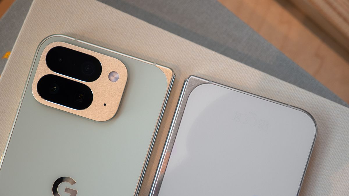 Comparing the Google Pixel 9 Pro Fold (white) with the Google Pixel 10 Pro Fold (green)