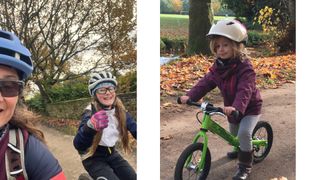 Two image collage showing mum and daughter riding together and one of daughter on her first balance bike