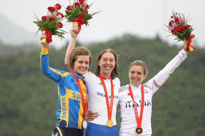 2008 Olympic Games road race podium (L-R): Emma Johansson, Nicolel Cooke and Tatiana Guderzo