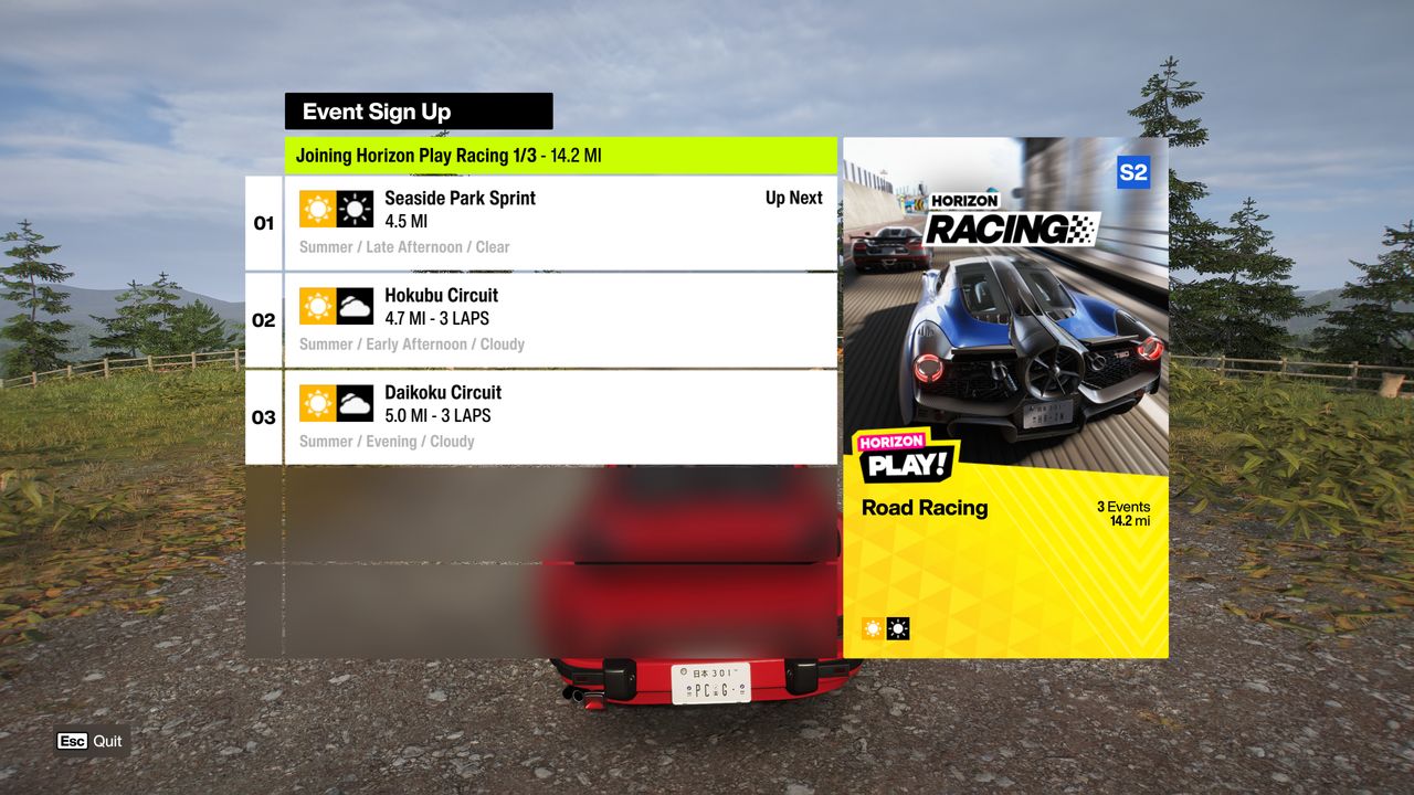Forza Horizon 6 Speed Skills: An event overview screen for a Horizon Play racing playlist, rated at S2.