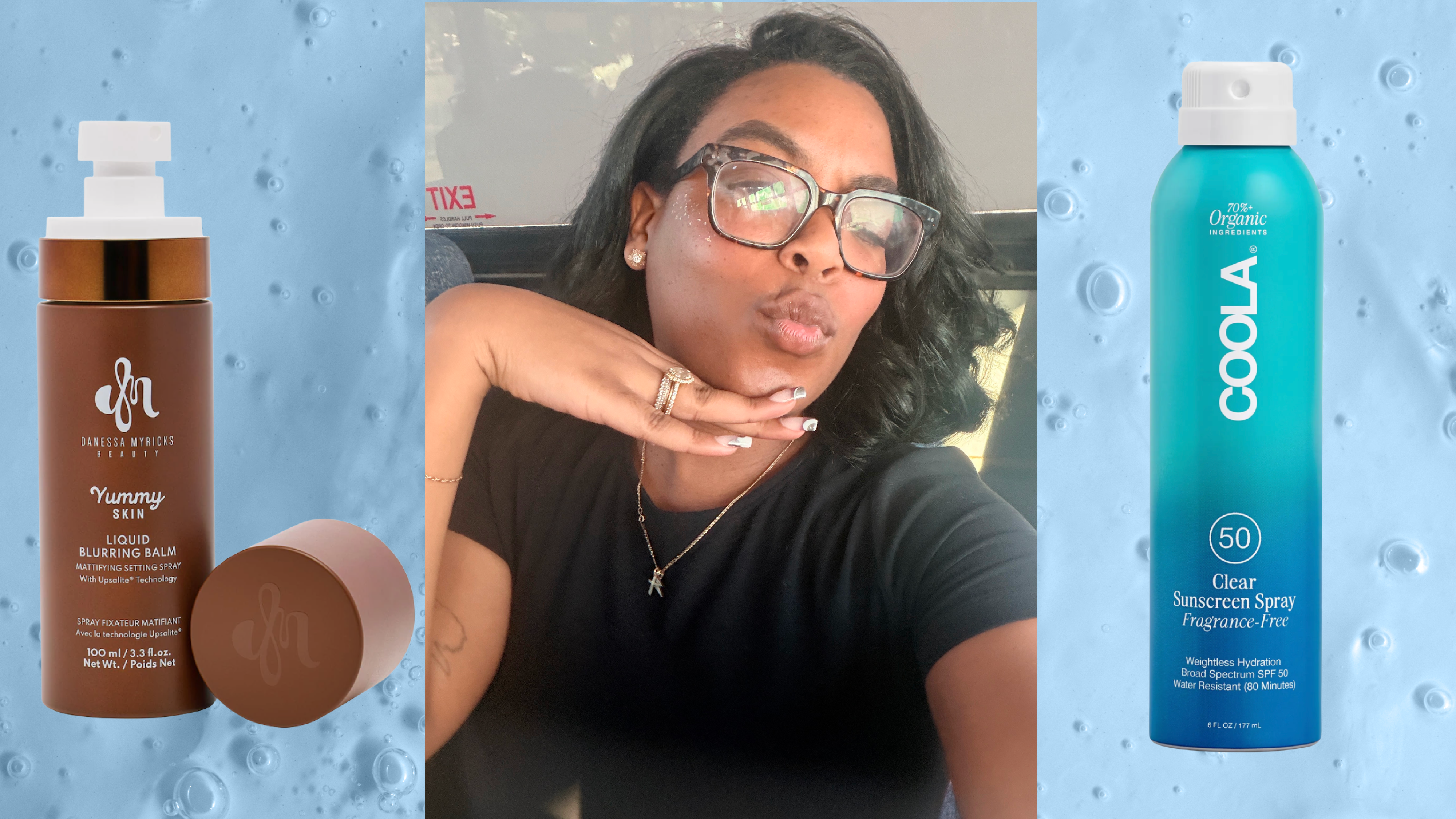 A woman with a black shirt and glasses looking into the camera. She is next to a setting spray and spray sunscreen.
