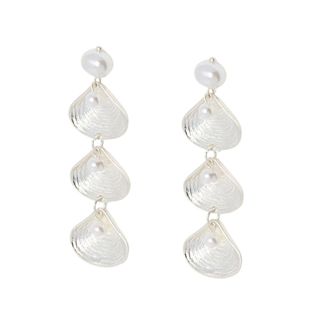 Oliver Bonas Coraline Shell & Faux Pearl Tiered Silver Hoop Earrings