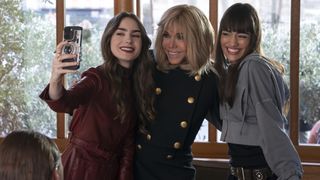 Lily Collins as Emily, Brigitte Macron as self, Thalia Besson as Genevieve in episode 407 of Emily in Paris