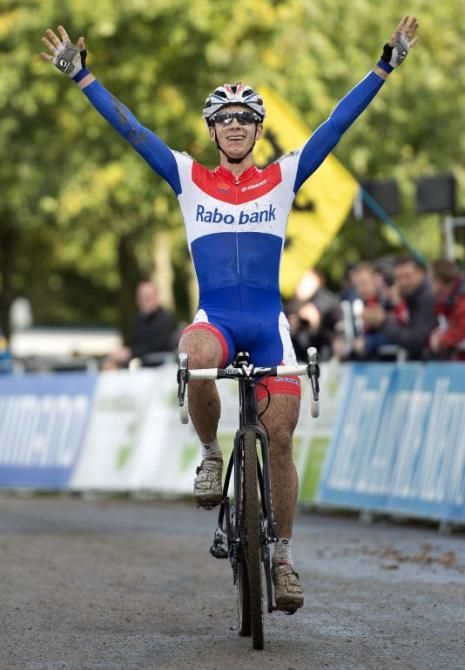 Lars van der Haar celebrates victory in the Valkenburg World Cup