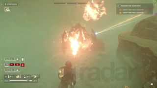 Helldivers 2 charger getting scorched by helldiver with flamethrower