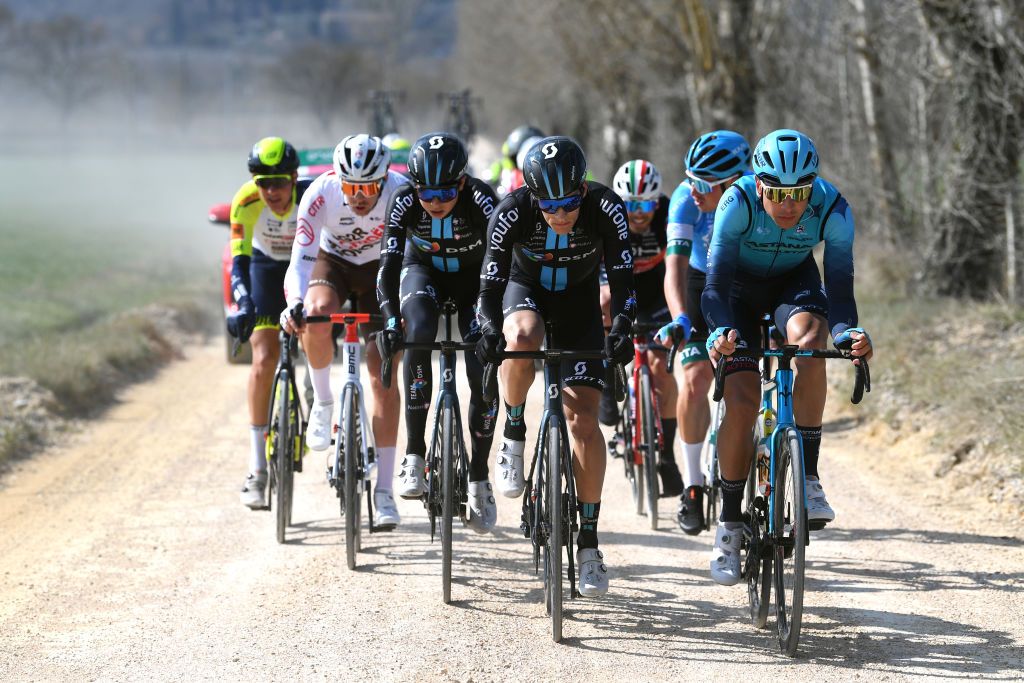 SIENA ITALY MARCH 05 LR Leon Heinschke of Germany and Team DSM and Davide Martinelli of Italy and Team Astana Qazaqstan compete in the breakaway during the Eroica 16th Strade Bianche 2022 Mens Elite a 184km one day race from Siena to Siena Piazza del Campo 321m StradeBianche WorldTour on March 05 2022 in Siena Italy Photo by Tim de WaeleGetty Images