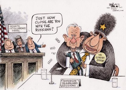 Political cartoon U.S. Jeff Session senate hearing Russia investigation