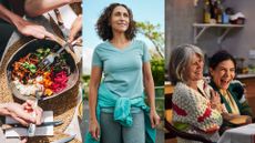 Bowl of whole foods in salad, woman walking in local area smiling, and a multi-generational family laughing in kitchen to represent power traits from Blue Zones