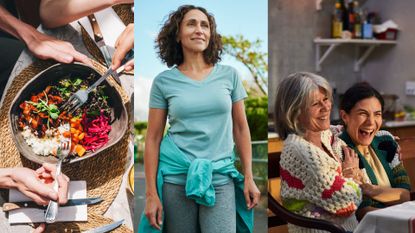 Bowl of whole foods in salad, woman walking in local area smiling, and a multi-generational family laughing in kitchen to represent power traits from Blue Zones