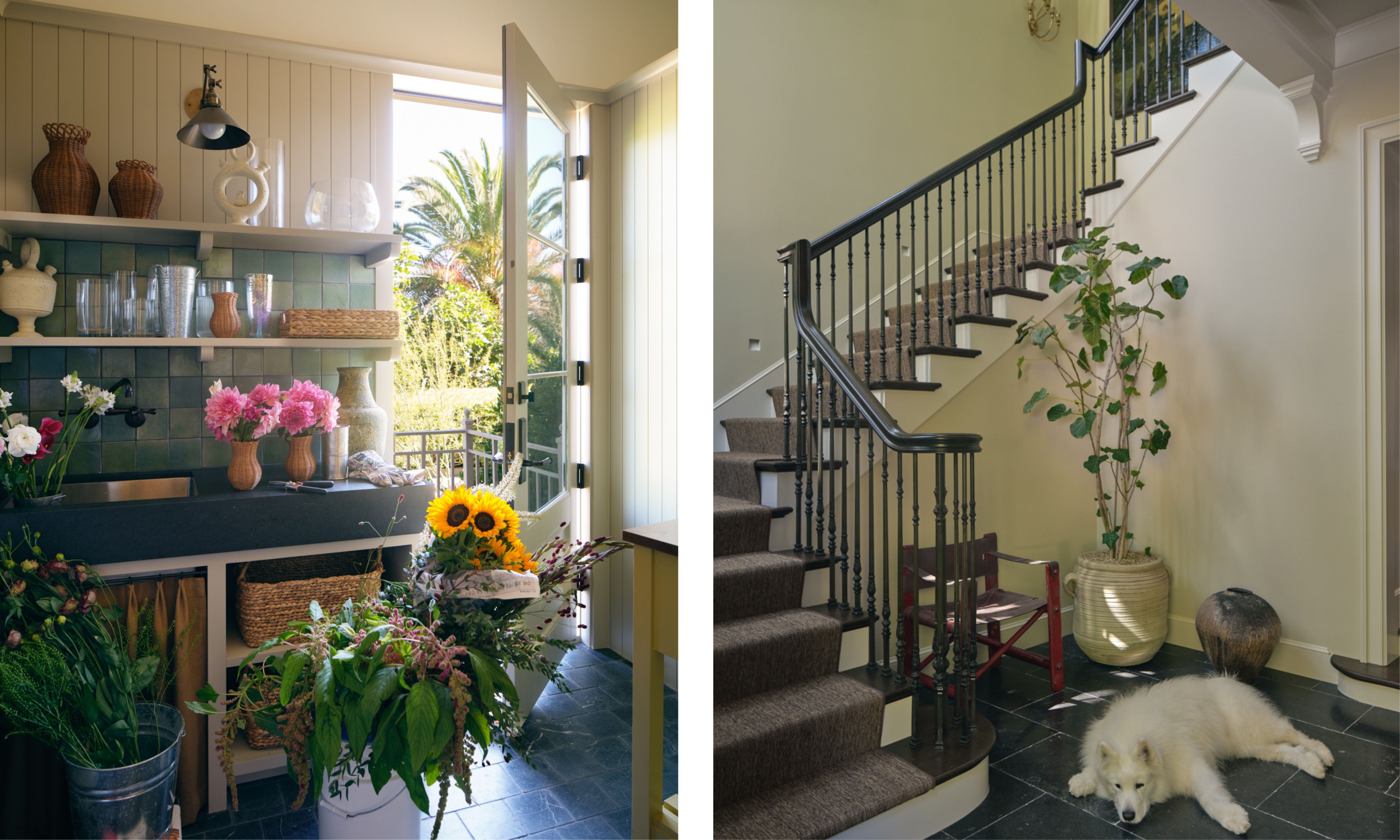 two side by side images: left, a laundry room with buckets of cut flowers and open shelves filled with vases. right, a grand staircase with a white fluffy dog laying on the tiled floor