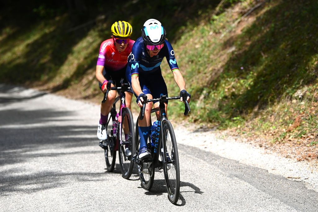 LE MARKSTEIN FRANCE JULY 30 Annemiek Van Vleuten of Netherlands and Movistar Team R and Demi Vollering of Netherlands and Team SD Worx L compete in the breakaway during the 1st Tour de France Femmes 2022 Stage 7 a 1271km stage from Slestat to Le Marksteinc TDFF UCIWWT on July 30 2022 in Le Markstein France Photo by Tim de WaeleGetty Images