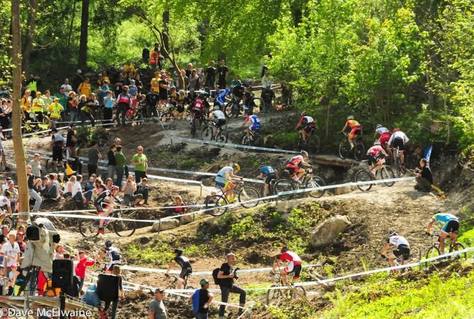 World Cup racers at Albstadt Germany climbing the many switchbacks to the top of the course