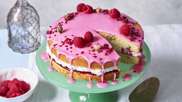 Persian Victoria Sponge cake with raspberries and rose