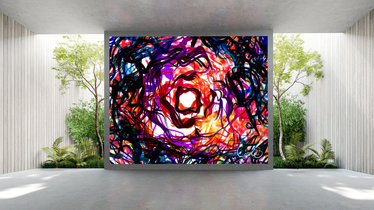 The Alfalite AlfaArt digital art LED in bright colors in a corporate lobby.