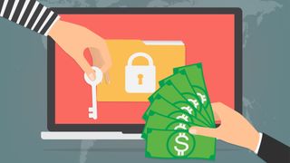 Ransomware: A 2D mockup image of a business paying a cyber criminal for a ransom
