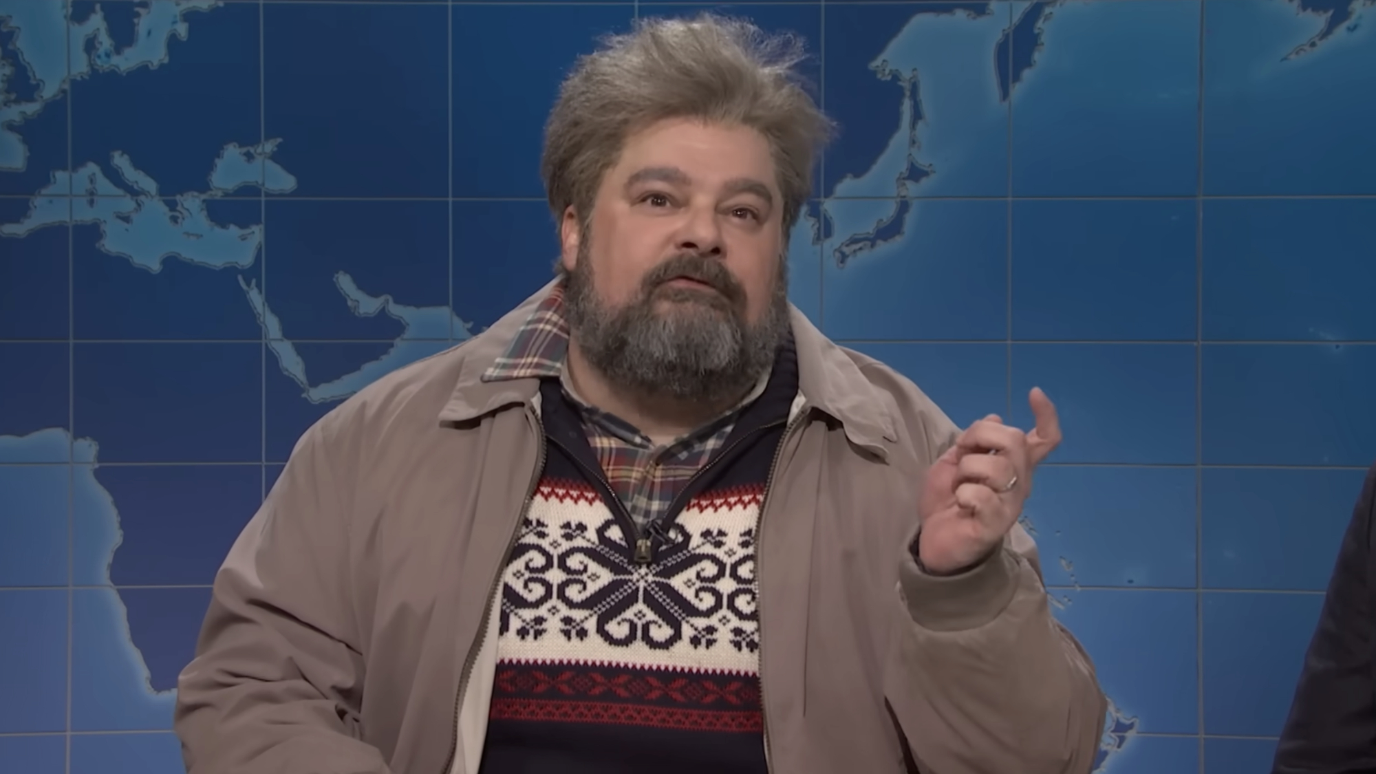 Drunk Uncle (Bobby Moynihan) speaks during Weekend Update on Saturday Night Live.