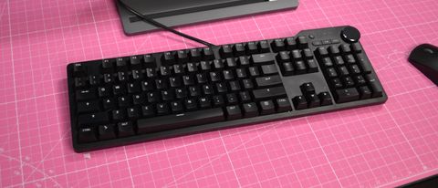 A Das Keyboard 6 Professional on a pink cutting mat