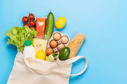 a shopping bag full of healthy food including milk, eggs and salmon with a bright blue background