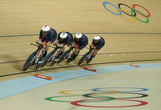 Edward Clancy, Steven Burke, Owain Doull and Bradley Wiggins of Team Great Britain competes in the Men's Team Pursuit First Round