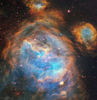 Inside the Large Magellanic Cloud, one of the Milky Way's cosmic neighbors, is a Mickey Mouse-shaped cloud of dust and gas that is riddled with bright, newborn stars. The European Southern Observatory's Very Large Telescope captured this view using its Multi Unit Spectroscopic Explorer instrument.