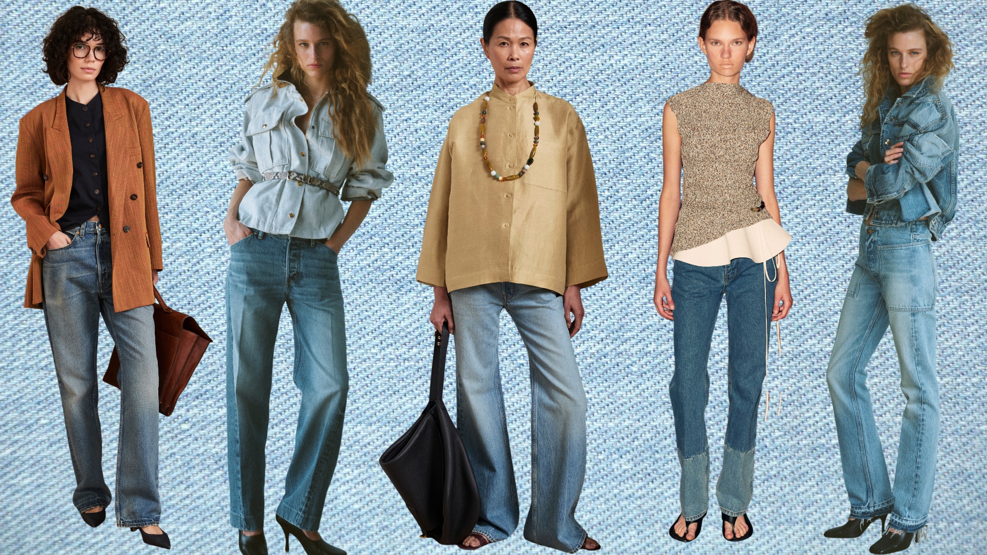 A collage featuring models wearing jeans.