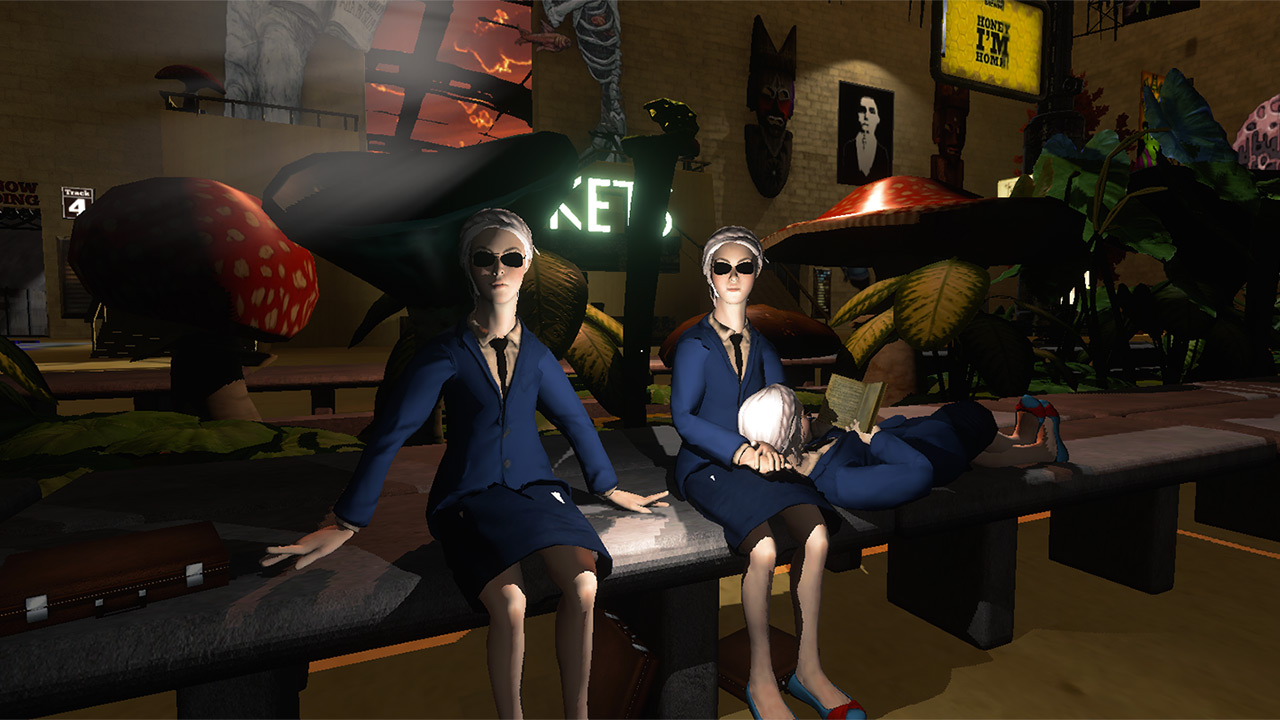 Free Steam games - Off-Peak - Two characters in skirt suits sit on a bench in front of giant mushrooms.