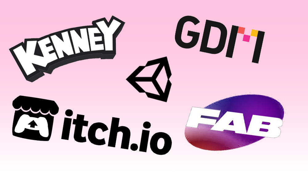 The logos of five of the best places to get free game assets