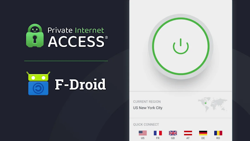 PIA and F-Deoid logo on the left, PIA app on android smartphone on the right &amp;mdash; promo image