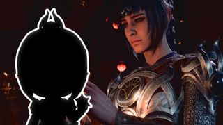 Shadowheart looking down at a silhouetted Nendoroid figure surrounded by a white line