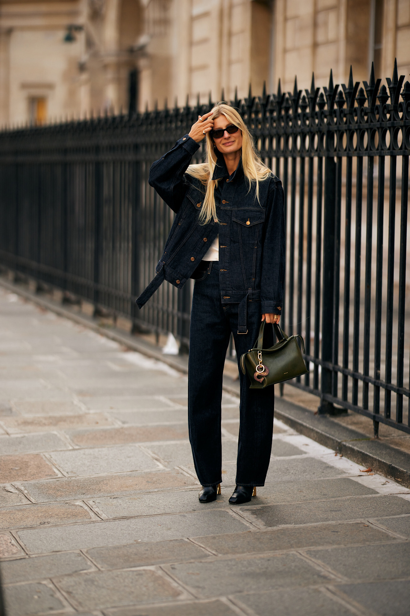 woman wearing double denim