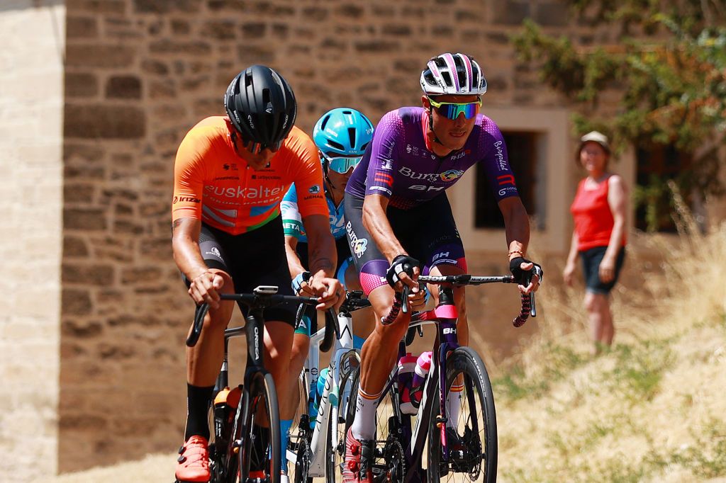 BURGOS SPAIN AUGUST 02 A general view of Jess Ezquerra Muela of Spain and Team Burgos BH Xavier Mikel Azparren Irurzun of Spain and Team Euskaltel Euskadi and Diego Pablo Sevilla of Spain and EoloKometa Cycling Team compete in the breakaway during the 44th Vuelta a Burgos 2022 Stage 1 a 157km stage from Catedral de Burgos to Mirador del Castillo Burgos VueltaBurgos on August 02 2022 in Burgos Spain Photo by Gonzalo Arroyo MorenoGetty Images