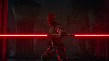 Sam Witwer's Darth Maul with his double lightsaber drawn in Maul &ndash;&nbsp;Shadow Lord