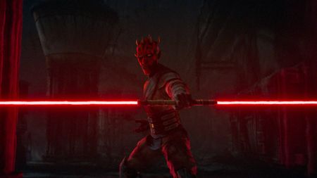 Sam Witwer's Darth Maul with his double lightsaber drawn in Maul &ndash;&nbsp;Shadow Lord