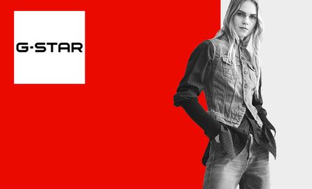 G star logo top left with a picture of a black and white lady in front of a red and white background 