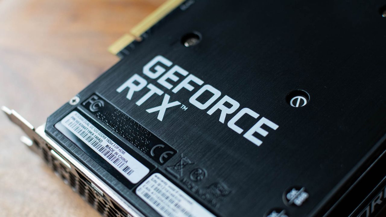 A closeup of the GeForce RTX branding on the underside of the Palit RTX 3060 Dual