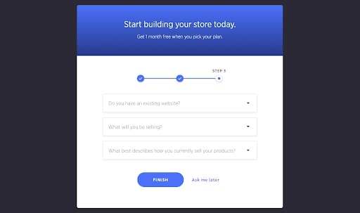 BigCommerce's questions pop-up when creating a store